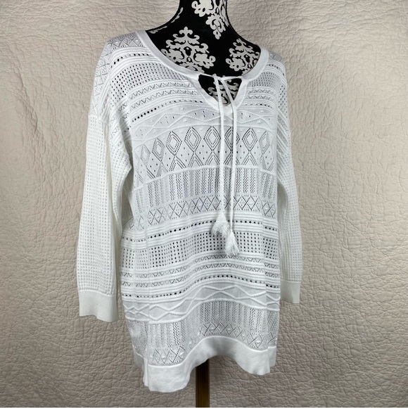 🔥Tommy Bahama White Sweater Open Knit Pullover V-neck Size L - Picture 3 of 11